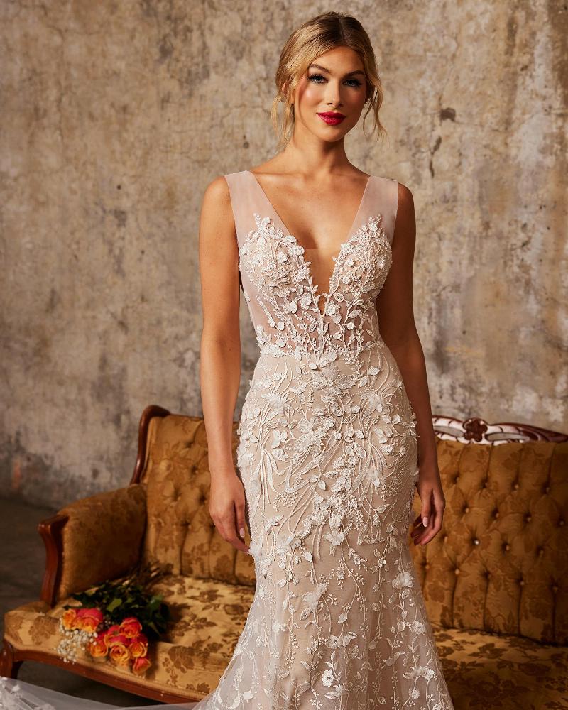 122234 deep v neck wedding dress with sleeves and 3d lace3